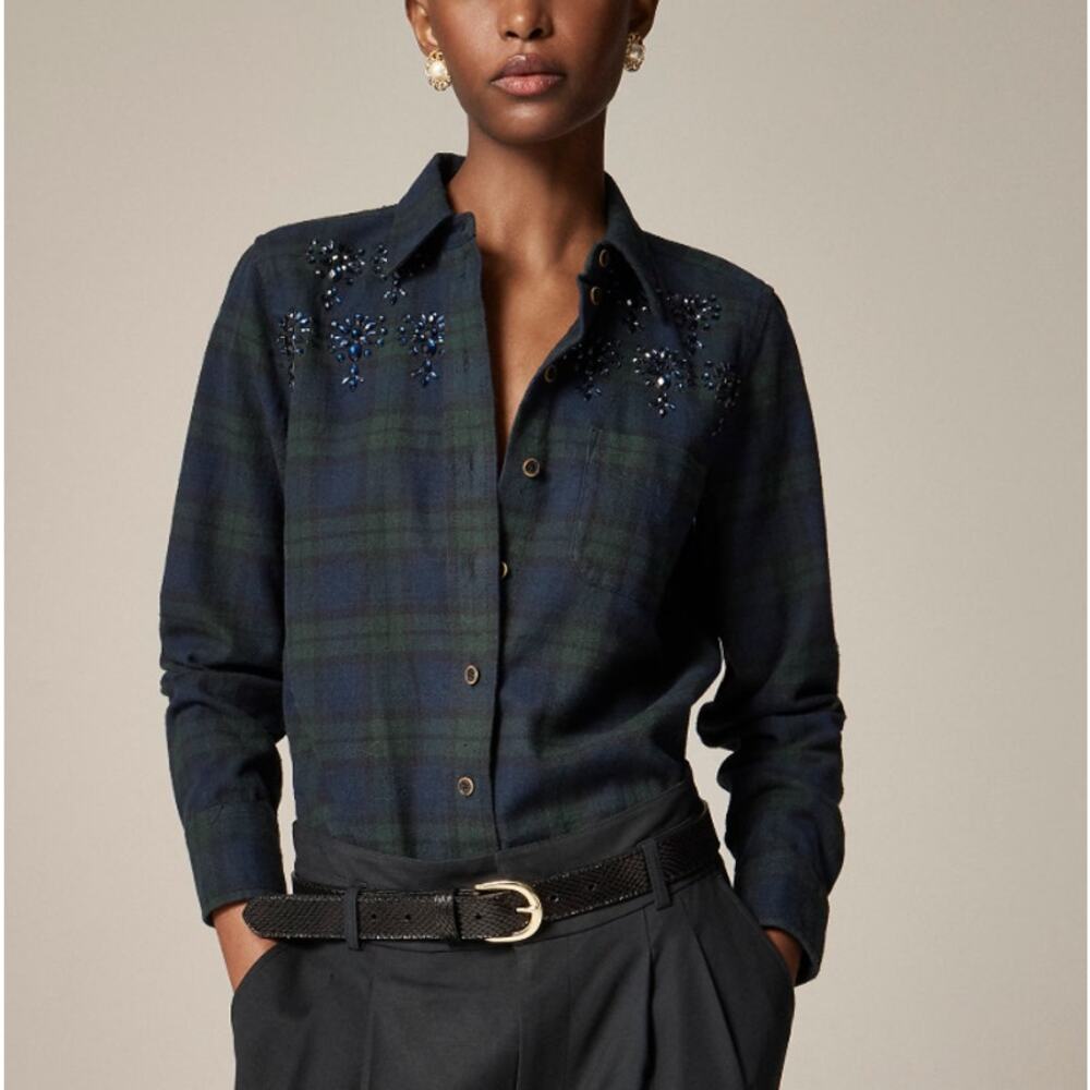 J.Crew Embellished Shrunken Button-Up Shirt WMNS Size 2 Blue Green Tartan Oxford